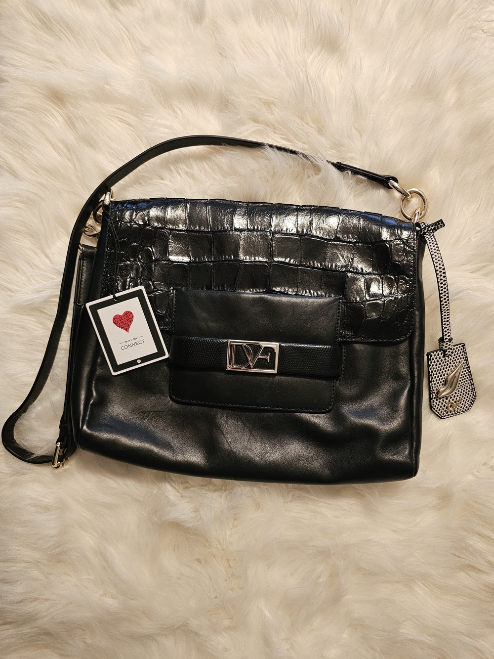 NWT Diane von Fürstenberg Black Croc-Trim Leather Connect Bag